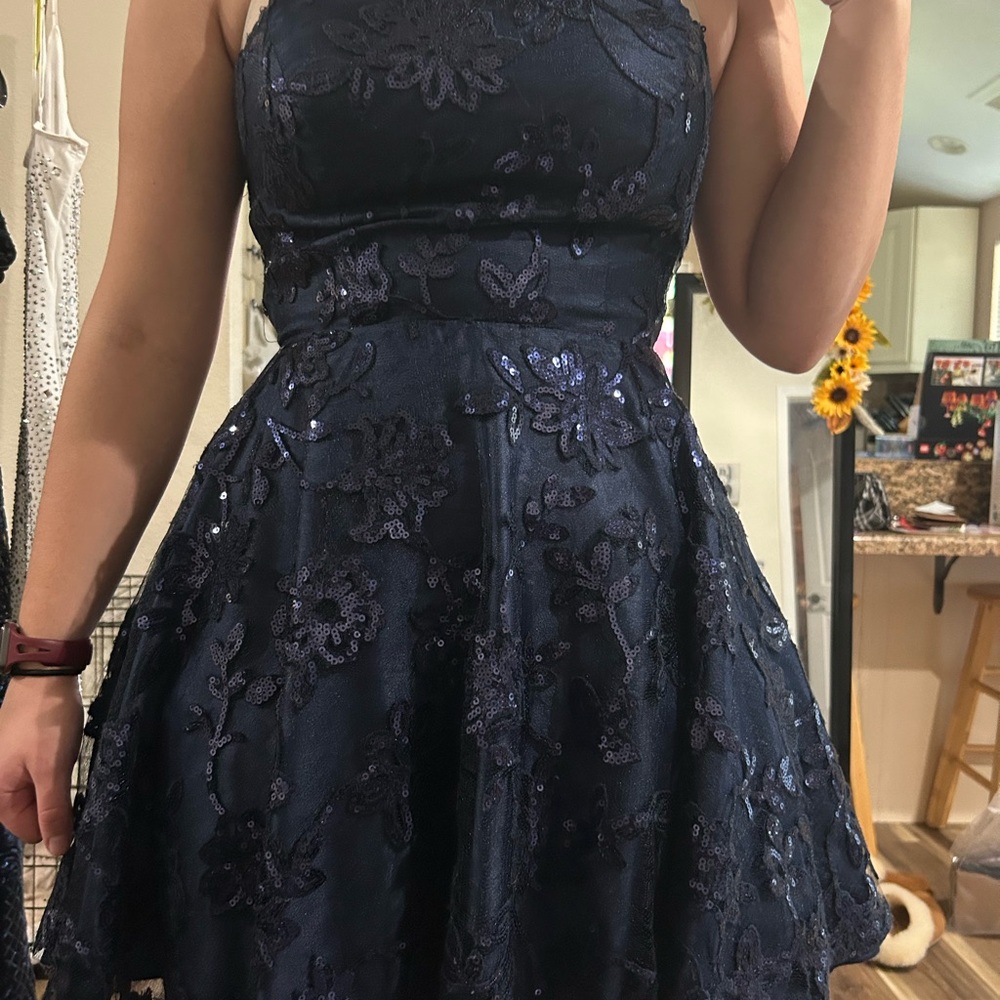 Navy Windsor short formal dress with appliqué